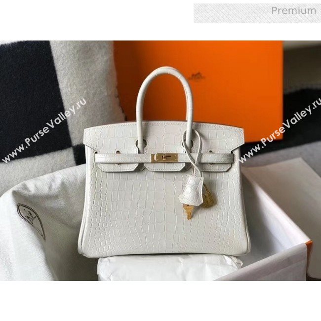 Hermes Birkin 25cm in Crocodile Embossed Calfskin White 2020（Half-Handmade） (FL-20052851)