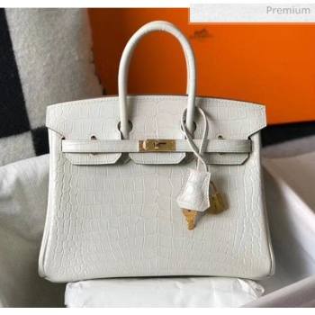 Hermes Birkin 25cm in Crocodile Embossed Calfskin White 2020（Half-Handmade） (FL-20052851)