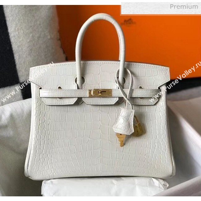 Hermes Birkin 25cm in Crocodile Embossed Calfskin White 2020（Half-Handmade） (FL-20052851)