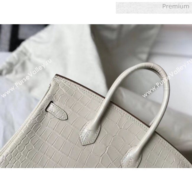 Hermes Birkin 25cm in Crocodile Embossed Calfskin White 2020（Half-Handmade） (FL-20052851)