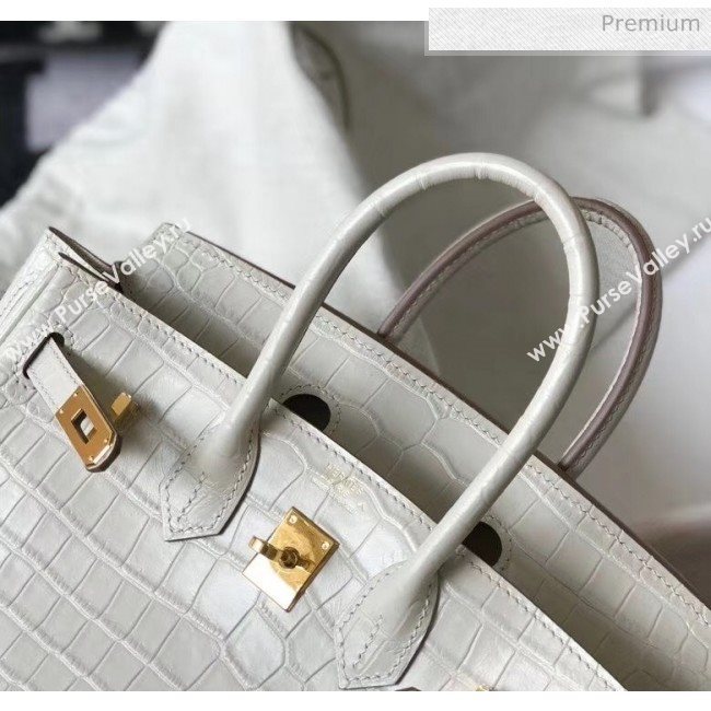 Hermes Birkin 25cm in Crocodile Embossed Calfskin White 2020（Half-Handmade） (FL-20052851)