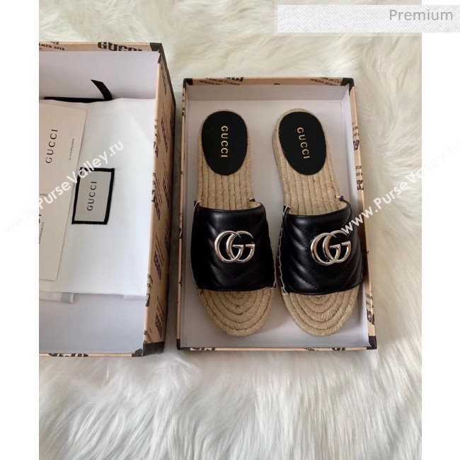 Gucci Matelassé Chevron Leather Espadrille Sandal 573028 Black 2020 (HB-20053012)