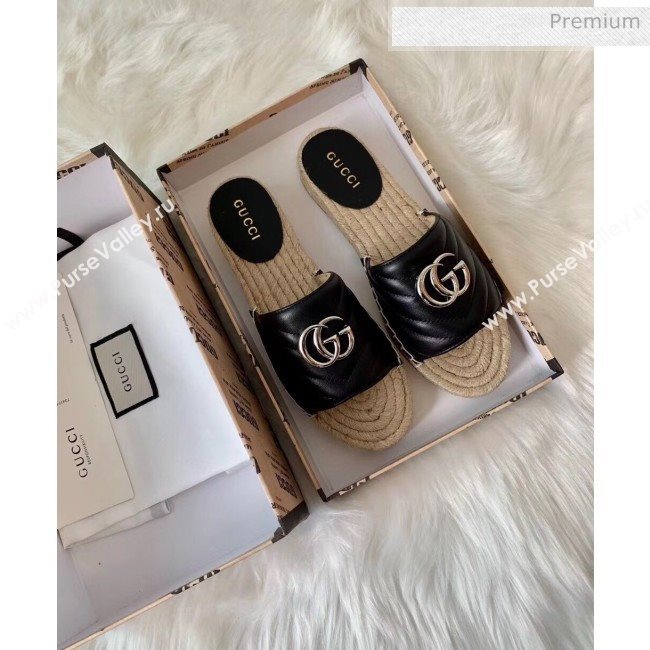 Gucci Matelassé Chevron Leather Espadrille Sandal 573028 Black 2020 (HB-20053012)