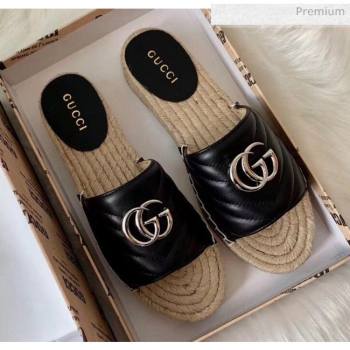 Gucci Matelassé Chevron Leather Espadrille Sandal 573028 Black 2020 (HB-20053012)