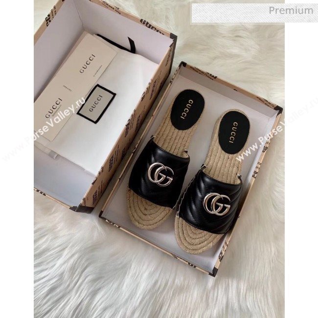 Gucci Matelassé Chevron Leather Espadrille Sandal 573028 Black 2020 (HB-20053012)