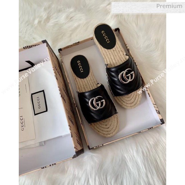 Gucci Matelassé Chevron Leather Espadrille Sandal 573028 Black 2020 (HB-20053012)