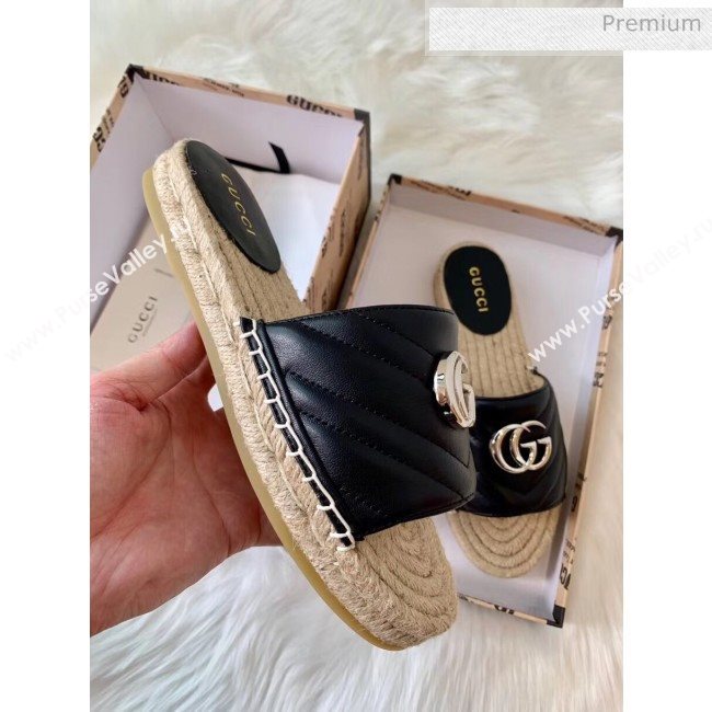 Gucci Matelassé Chevron Leather Espadrille Sandal 573028 Black 2020 (HB-20053012)