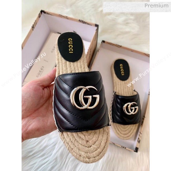 Gucci Matelassé Chevron Leather Espadrille Sandal 573028 Black 2020 (HB-20053012)