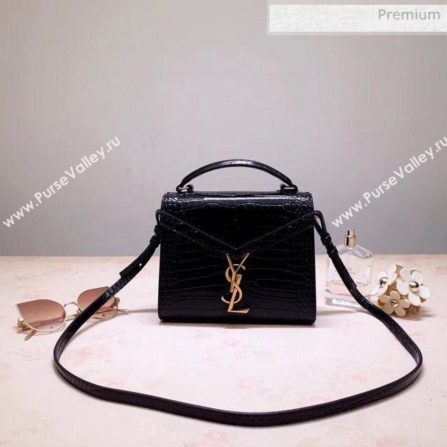 Saint Laurent CASSANDRA Mini Top Handle bag in Crocodile-embossed Shiny Leather 602716 Black 2020 (NA-20053035)