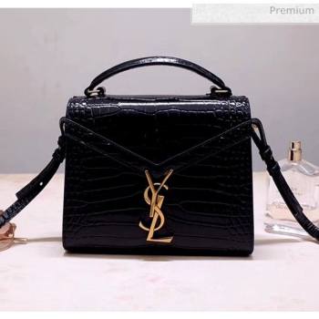 Saint Laurent CASSANDRA Mini Top Handle bag in Crocodile-embossed Shiny Leather 602716 Black 2020 (NA-20053035)