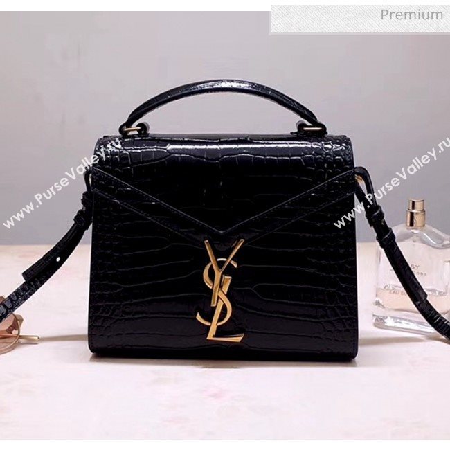 Saint Laurent CASSANDRA Mini Top Handle bag in Crocodile-embossed Shiny Leather 602716 Black 2020 (NA-20053035)