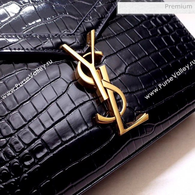 Saint Laurent CASSANDRA Mini Top Handle bag in Crocodile-embossed Shiny Leather 602716 Black 2020 (NA-20053035)