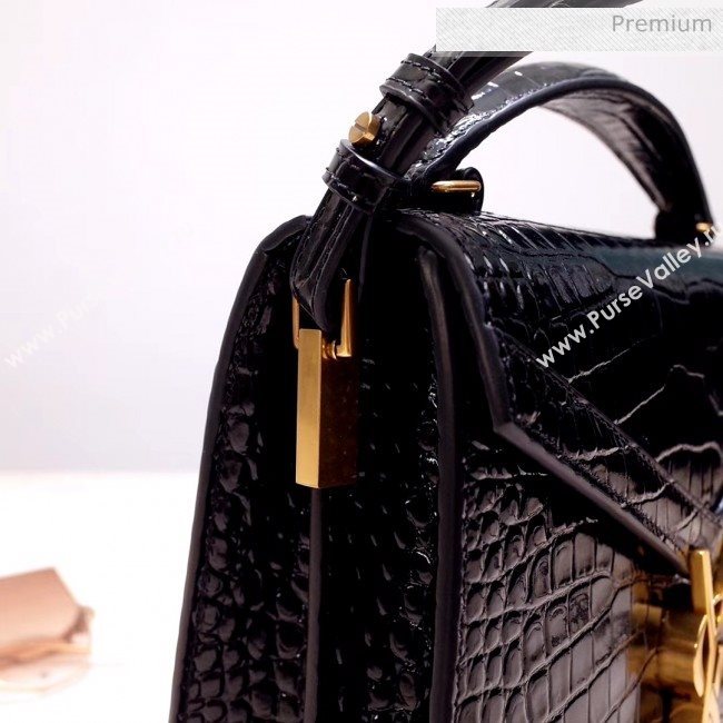 Saint Laurent CASSANDRA Mini Top Handle bag in Crocodile-embossed Shiny Leather 602716 Black 2020 (NA-20053035)