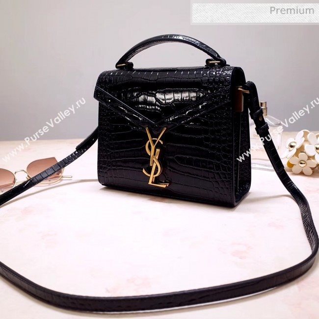 Saint Laurent CASSANDRA Mini Top Handle bag in Crocodile-embossed Shiny Leather 602716 Black 2020 (NA-20053035)