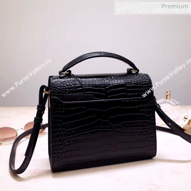 Saint Laurent CASSANDRA Mini Top Handle bag in Crocodile-embossed Shiny Leather 602716 Black 2020 (NA-20053035)