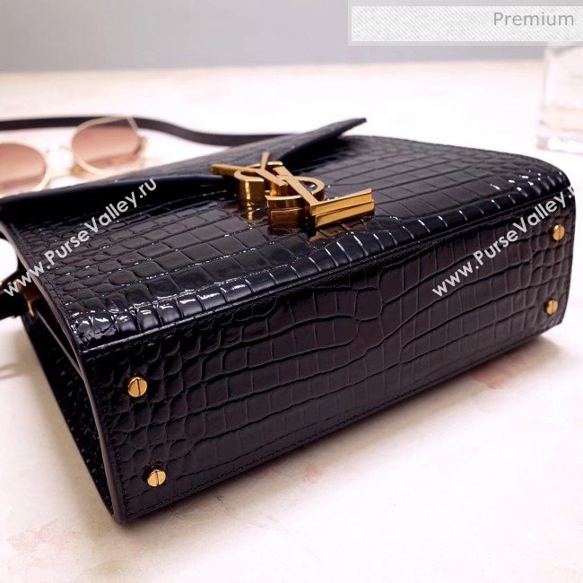 Saint Laurent CASSANDRA Mini Top Handle bag in Crocodile-embossed Shiny Leather 602716 Black 2020 (NA-20053035)