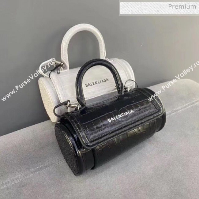 Balenciaga Round Cylindric Shoulder Bag in Crocodile Pattern Calfskin Black 2020 (JM-20060422)