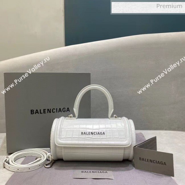 Balenciaga Round Cylindric Shoulder Bag in Crocodile Pattern Calfskin White 2020 (JM-20060421)