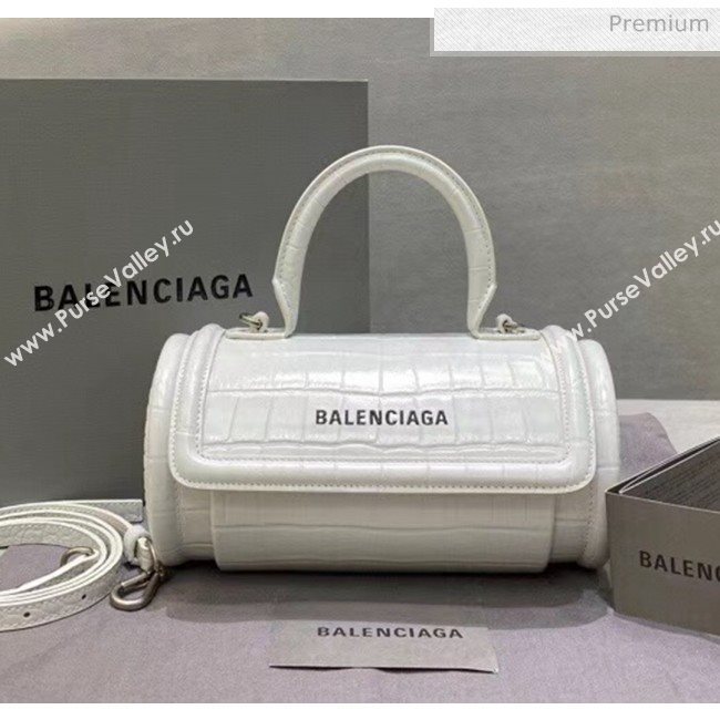 Balenciaga Round Cylindric Shoulder Bag in Crocodile Pattern Calfskin White 2020 (JM-20060421)