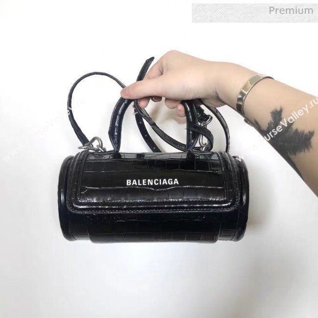 Balenciaga Round Cylindric Shoulder Bag in Crocodile Pattern Calfskin Black 2020 (JM-20060422)