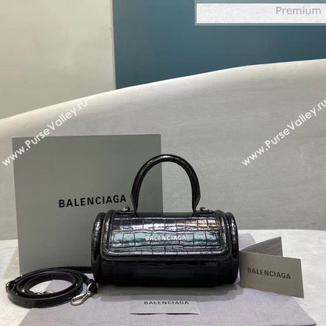 Balenciaga Round Cylindric Shoulder Bag in Crocodile Pattern Calfskin Black 2020 (JM-20060422)