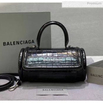Balenciaga Round Cylindric Shoulder Bag in Crocodile Pattern Calfskin Black 2020 (JM-20060422)