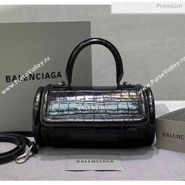 Balenciaga Round Cylindric Shoulder Bag in Crocodile Pattern Calfskin Black 2020 (JM-20060422)