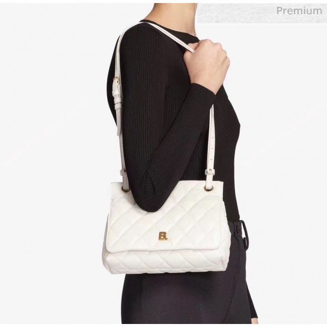 Balenciaga B. Quilted Lambskin Small/Large Flap Bag White/Gold 2020 (JM-20060424)