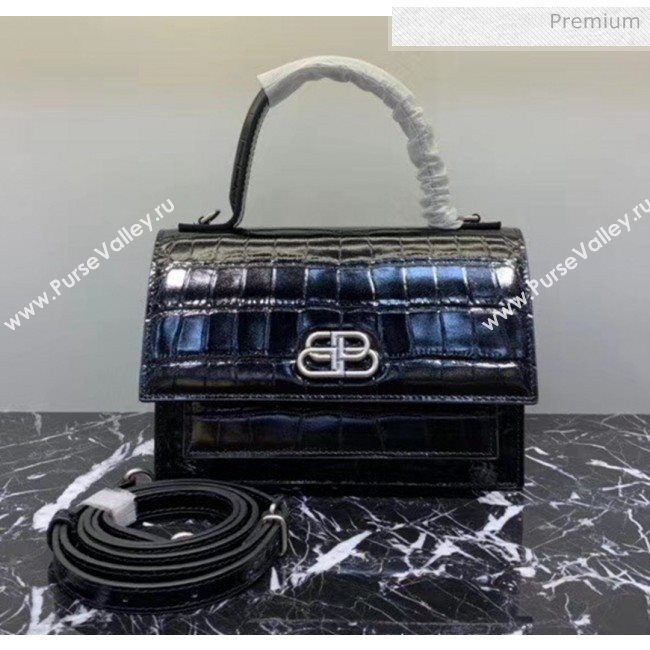 Balenciaga Sharp XS Satchel Shoulder Bag in Black Crocodile Embossed Shiny Calfskin 2020 (JM-20060429)