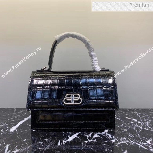 Balenciaga Sharp XS Satchel Shoulder Bag in Black Crocodile Embossed Shiny Calfskin 2020 (JM-20060429)