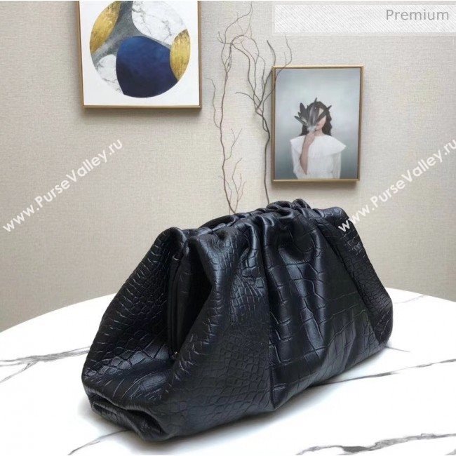 Bottega Veneta The Pouch Soft Oversize Clutch Bag in Black Crocodile Pattern Leather 2020 (MS-20060444)