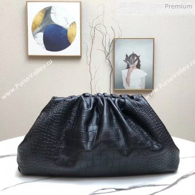 Bottega Veneta The Pouch Soft Oversize Clutch Bag in Black Crocodile Pattern Leather 2020 (MS-20060444)