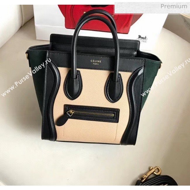 Celine Nano Luggage Handbag In Smooth/Grainy Calfskin Beige/Black/Deep Green 2020 (XLD-20060803)