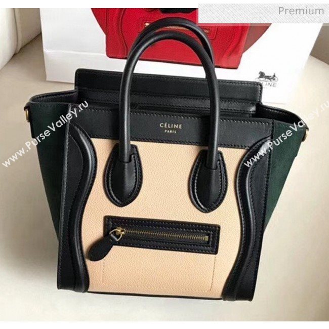 Celine Nano Luggage Handbag In Smooth/Grainy Calfskin Beige/Black/Deep Green 2020 (XLD-20060803)