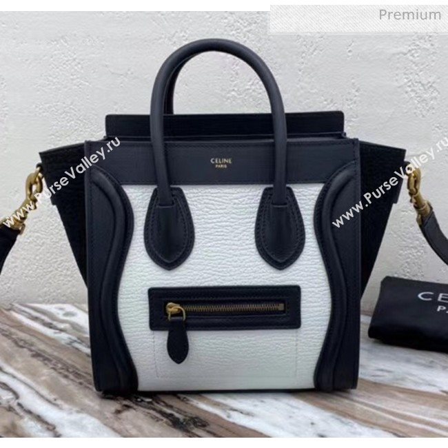 Celine Nano Luggage Handbag In Smooth/Grainy Calfskin White/Black 2020 (XLD-20060807)