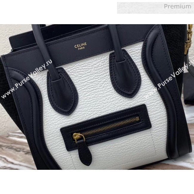 Celine Nano Luggage Handbag In Smooth/Grainy Calfskin White/Black 2020 (XLD-20060807)