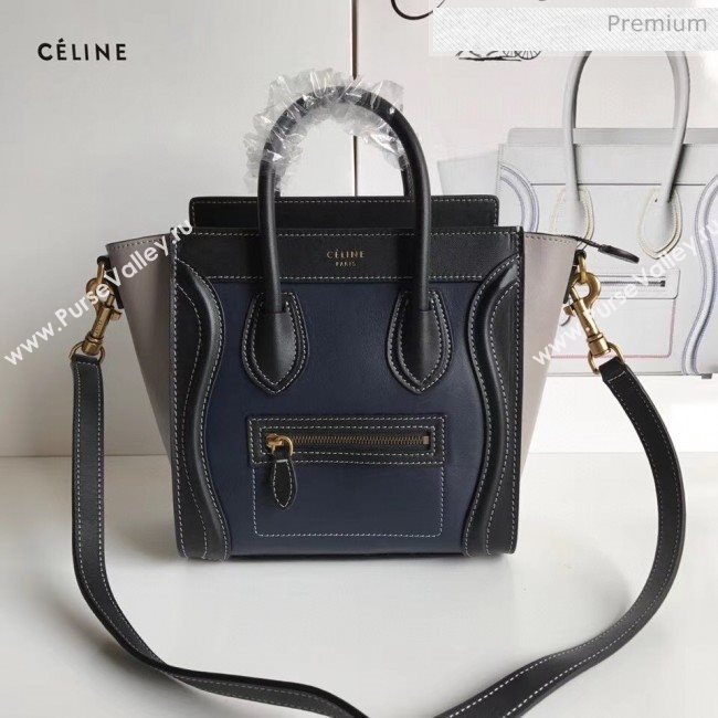 Celine Nano Luggage Handbag In Smooth Calfskin Blue/Black/Grey 2020 (XLD-20060819)