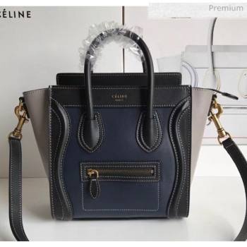 Celine Nano Luggage Handbag In Smooth Calfskin Blue/Black/Grey 2020 (XLD-20060819)