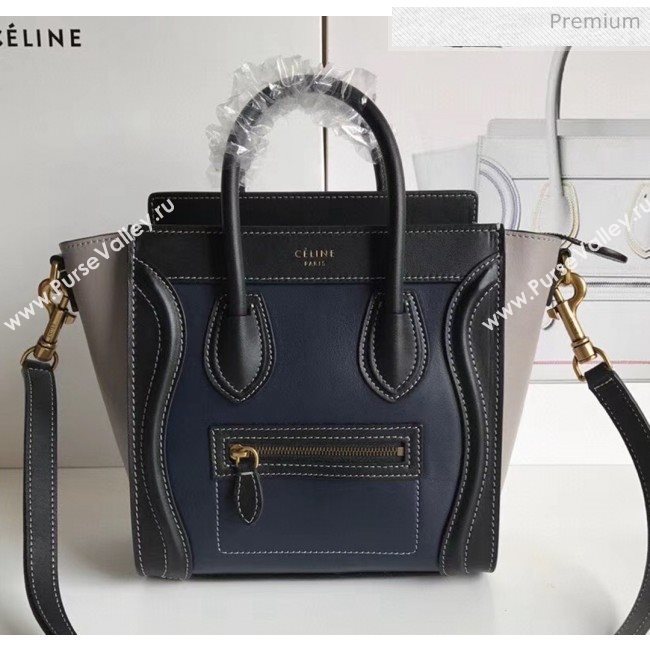 Celine Nano Luggage Handbag In Smooth Calfskin Blue/Black/Grey 2020 (XLD-20060819)