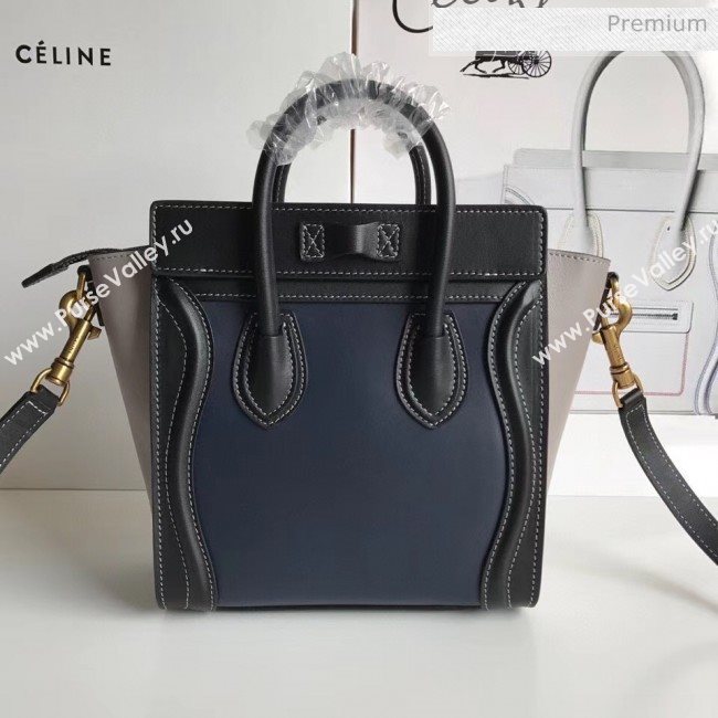 Celine Nano Luggage Handbag In Smooth Calfskin Blue/Black/Grey 2020 (XLD-20060819)