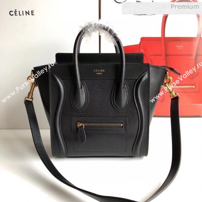 Celine Nano Luggage Handbag In Smooth/Lizard Pattern Calfskin Black 2020 (XLD-20060823)