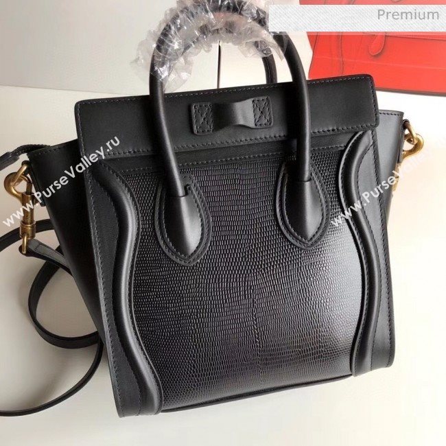 Celine Nano Luggage Handbag In Smooth/Lizard Pattern Calfskin Black 2020 (XLD-20060823)