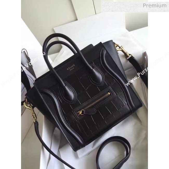 Celine Nano Luggage Handbag In Smooth/Crocodile Pattern Calfskin Black 2020 (XLD-20060824)