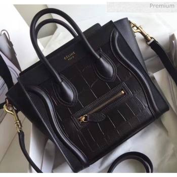 Celine Nano Luggage Handbag In Smooth/Crocodile Pattern Calfskin Black 2020 (XLD-20060824)