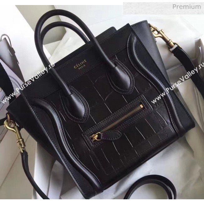 Celine Nano Luggage Handbag In Smooth/Crocodile Pattern Calfskin Black 2020 (XLD-20060824)