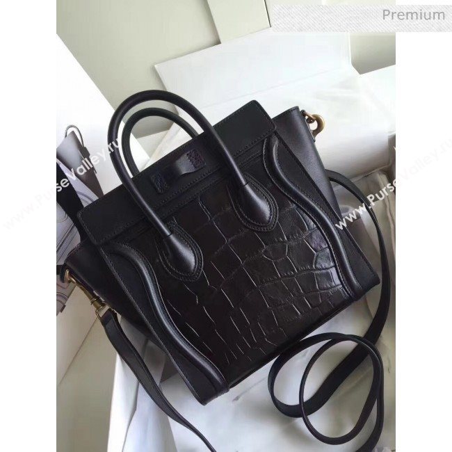 Celine Nano Luggage Handbag In Smooth/Crocodile Pattern Calfskin Black 2020 (XLD-20060824)
