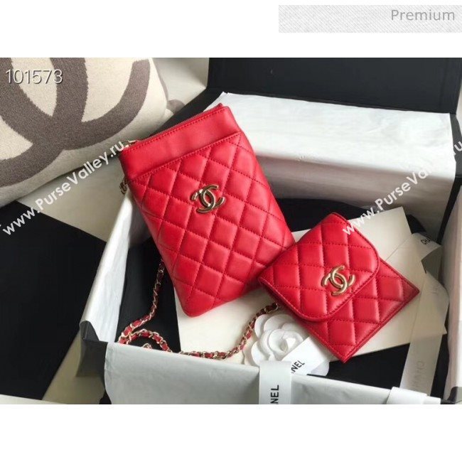 Chanel Quilted Lambskin Phone Holder Clutch with Chain and Coin Purse AP1191 Red 2020 (KN-20061723)