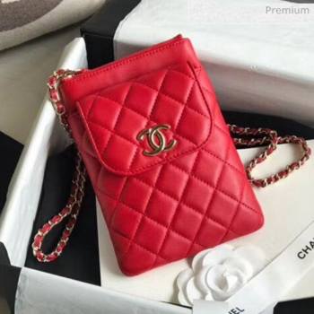 Chanel Quilted Lambskin Phone Holder Clutch with Chain and Coin Purse AP1191 Red 2020 (KN-20061723)