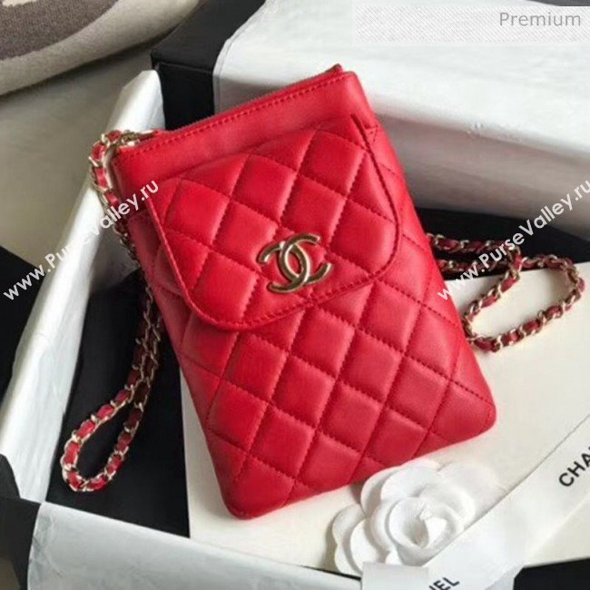 Chanel Quilted Lambskin Phone Holder Clutch with Chain and Coin Purse AP1191 Red 2020 (KN-20061723)