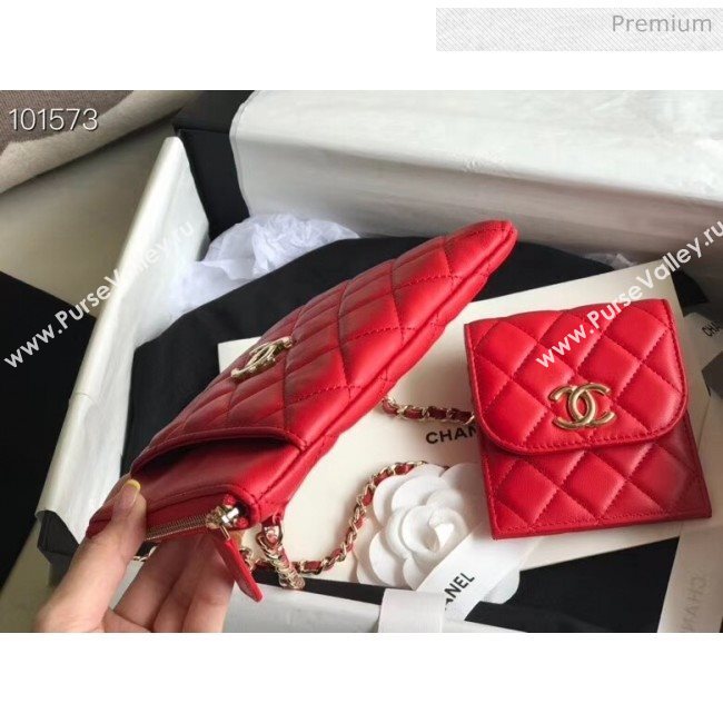 Chanel Quilted Lambskin Phone Holder Clutch with Chain and Coin Purse AP1191 Red 2020 (KN-20061723)